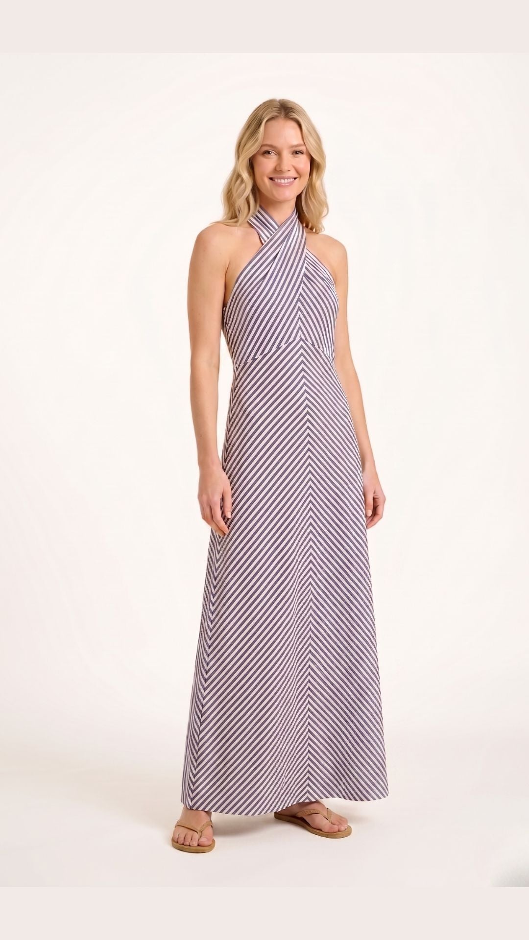 blue and white halter dress L'agence Maurie Contrast Collar Poplin Maxi The Kimberley Twist Halter Dress combines effortless style with thoughtful detailing ASTR the Label | Meana