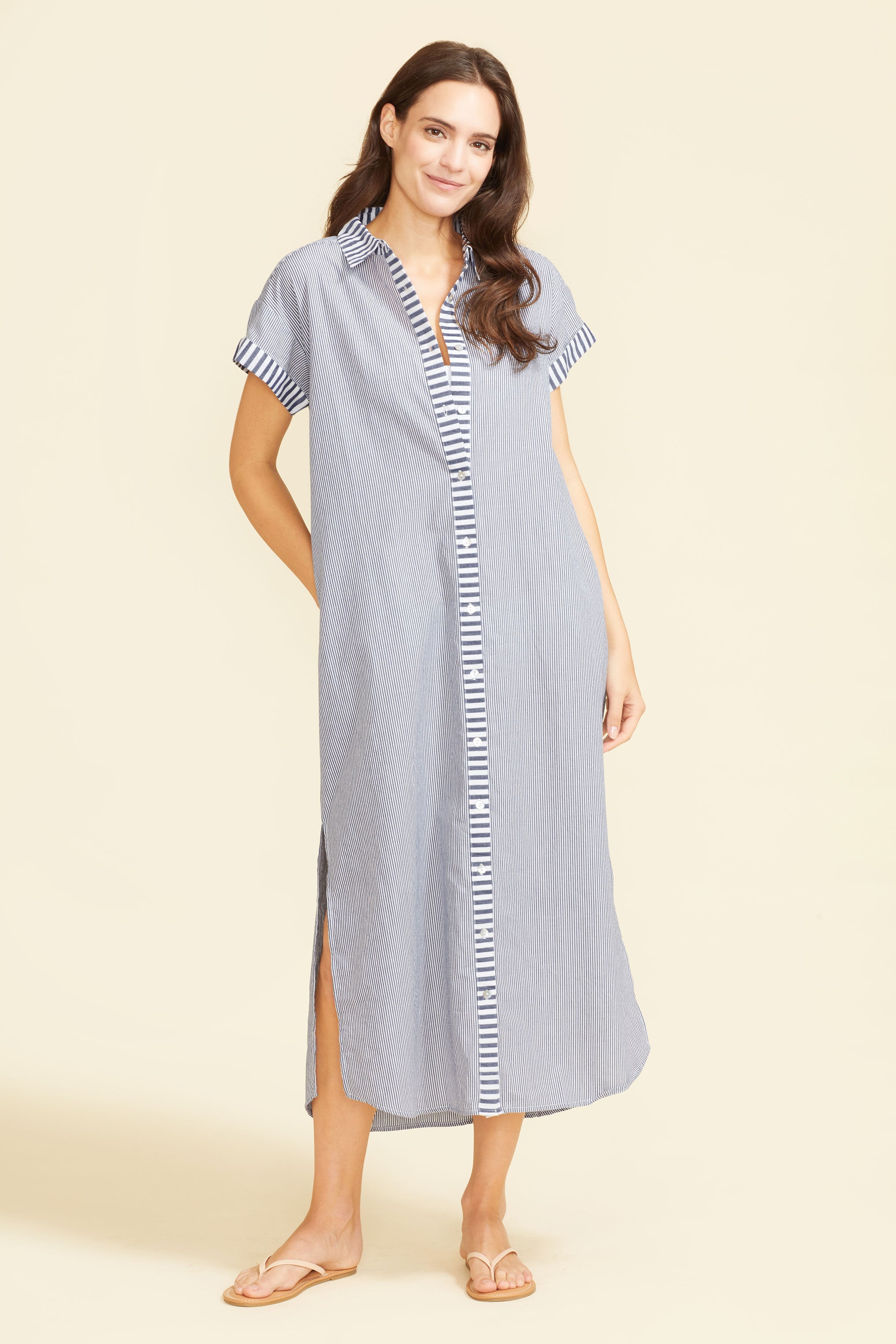 Sitano Women's Riga Short Sleeve Striped Midi Dress Cover-Up - Blue - Casual Dresses Sitano Women's Riga Short Sleeve Striped Midi Dress Cover-Up - Blue - Casual Dresses