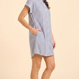 Riga Short Sleeve Short Dress - Navy Stripes