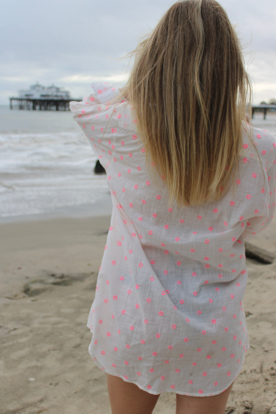 Primavera Shirt Dress - White with Pink Flowers