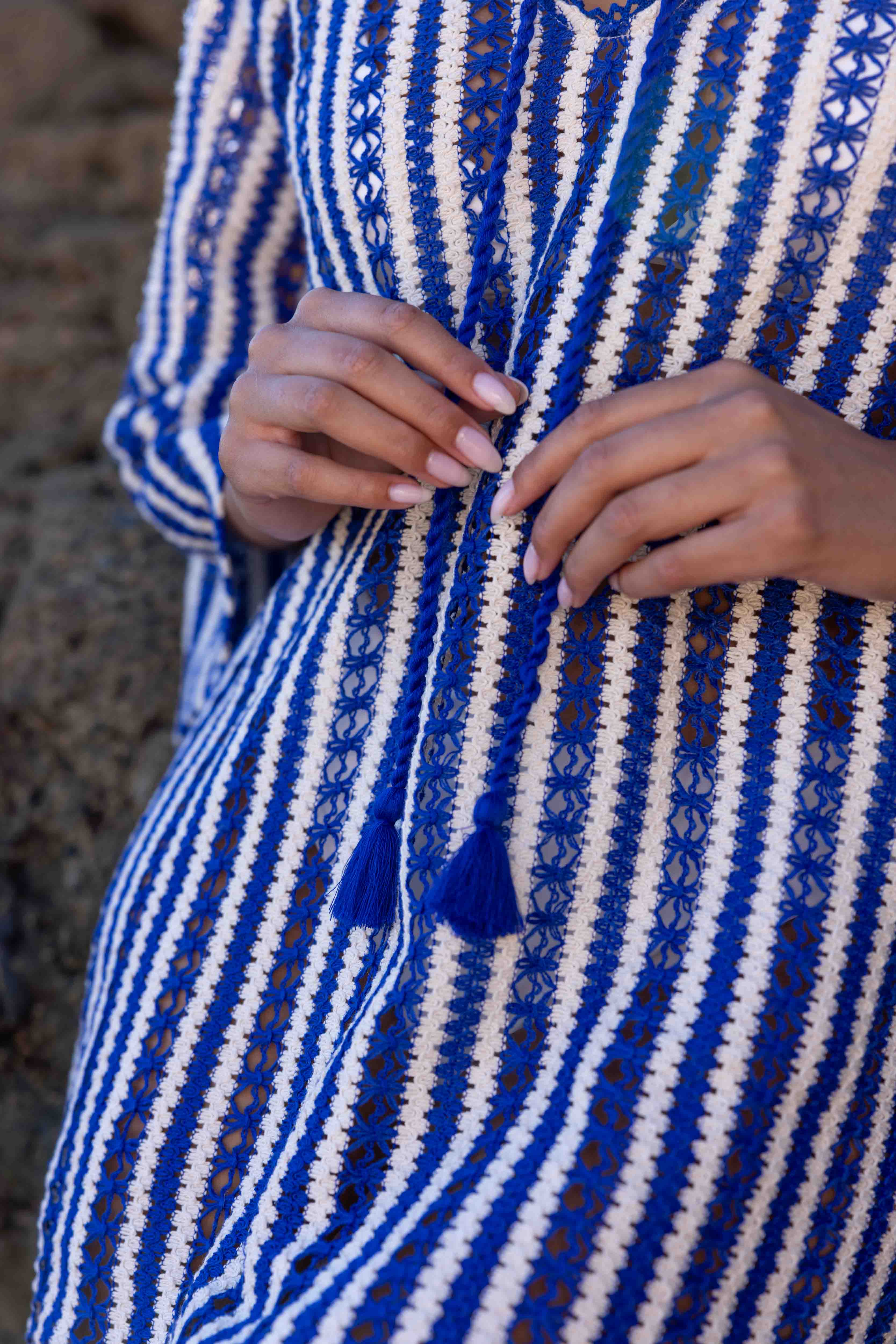 blue and white bell sleeve dress White and blue belted long dress with bell sleeves