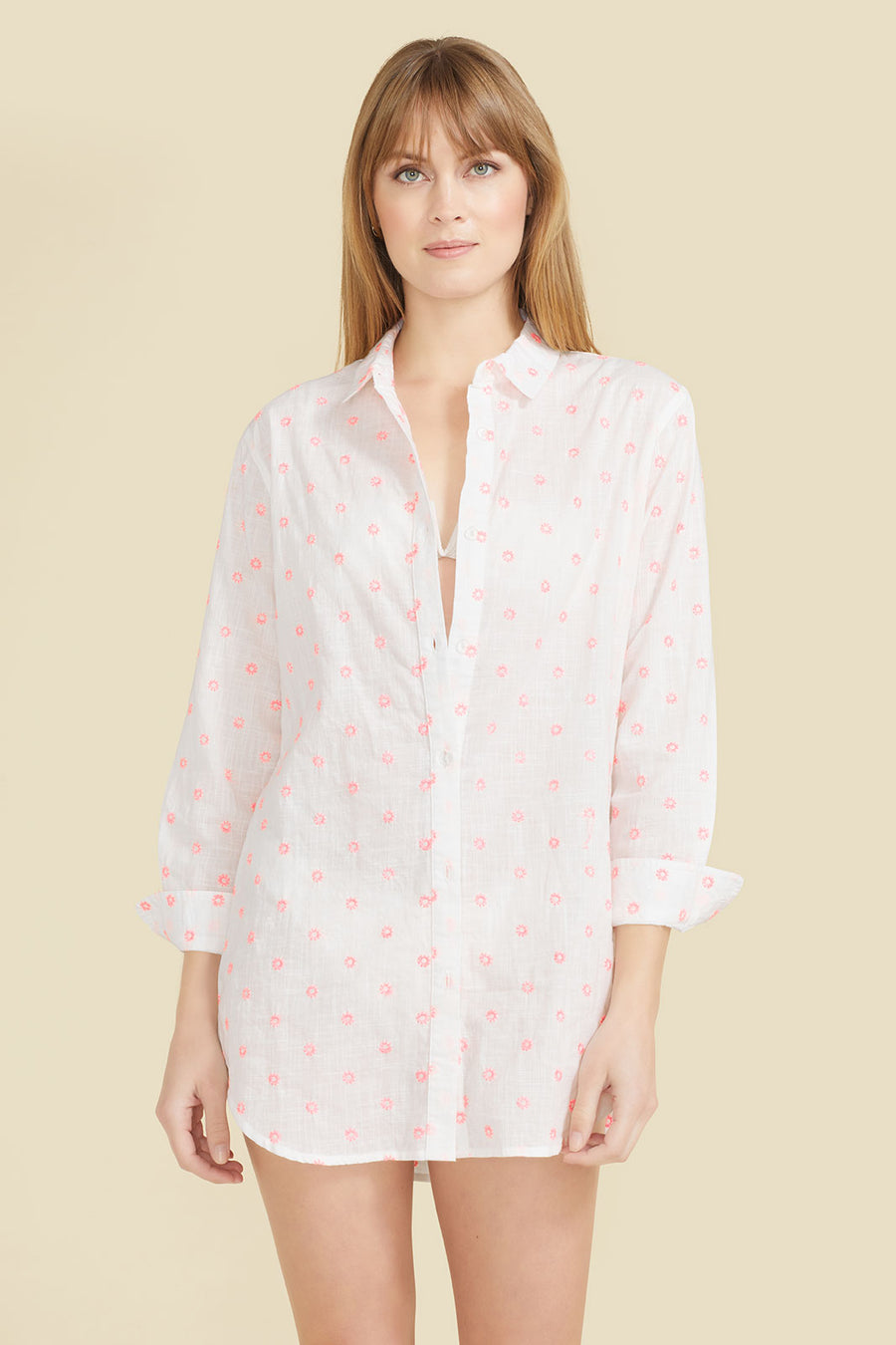 Primavera Shirt Dress - White with Pink Flowers