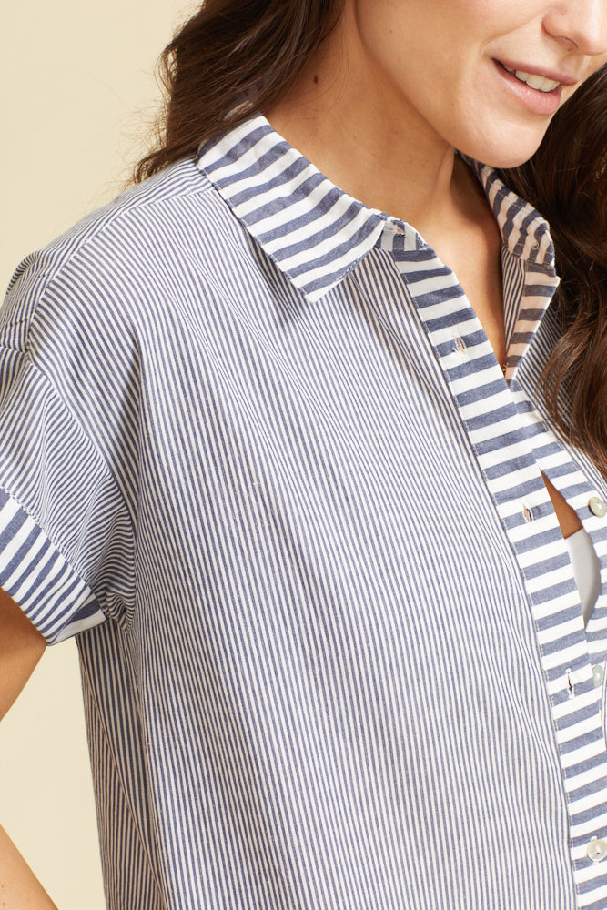 Riga Short Sleeve Midi Dress - Navy Stripes