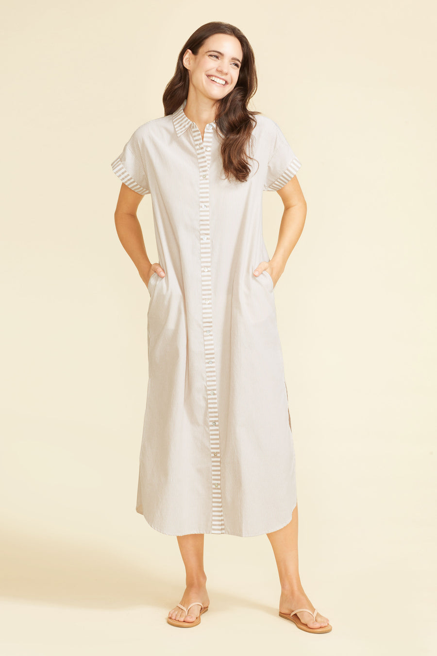 Riga Short Sleeve Midi Dress - Tan Stripes