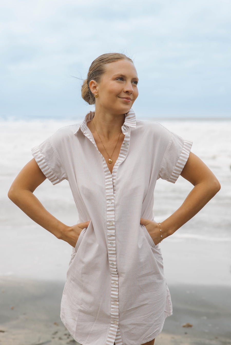 Riga Short Sleeve Short Dress - Tan Stripes