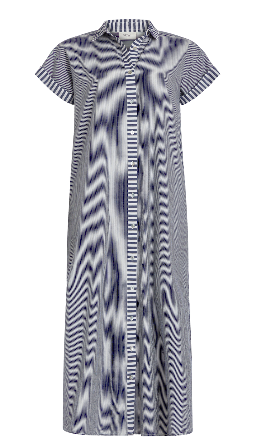 Riga Short Sleeve Midi Dress - Navy Stripes Navy Stripes / S Riga Short Sleeve Midi Dress - Navy Stripes Navy Stripes / S