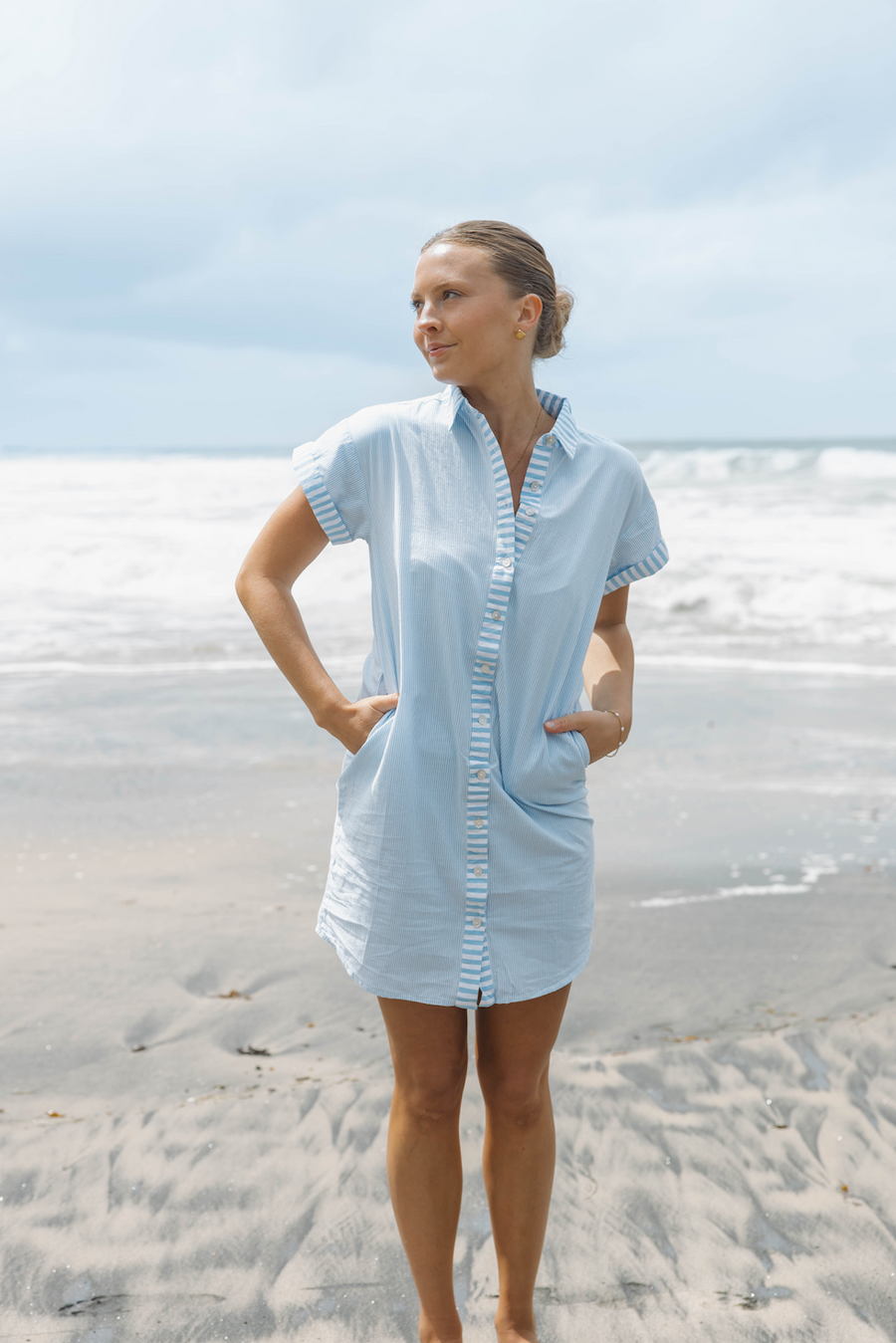 Riga Short Sleeve Short Dress - Blue Stripes