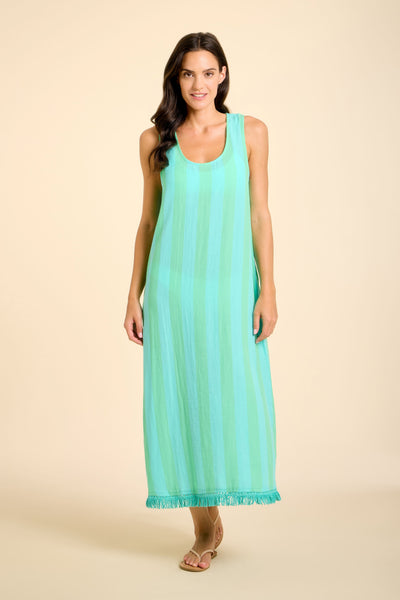 Positano Midi Tank Dress - Blue/Green Cabana Stripes Blue/Green / S