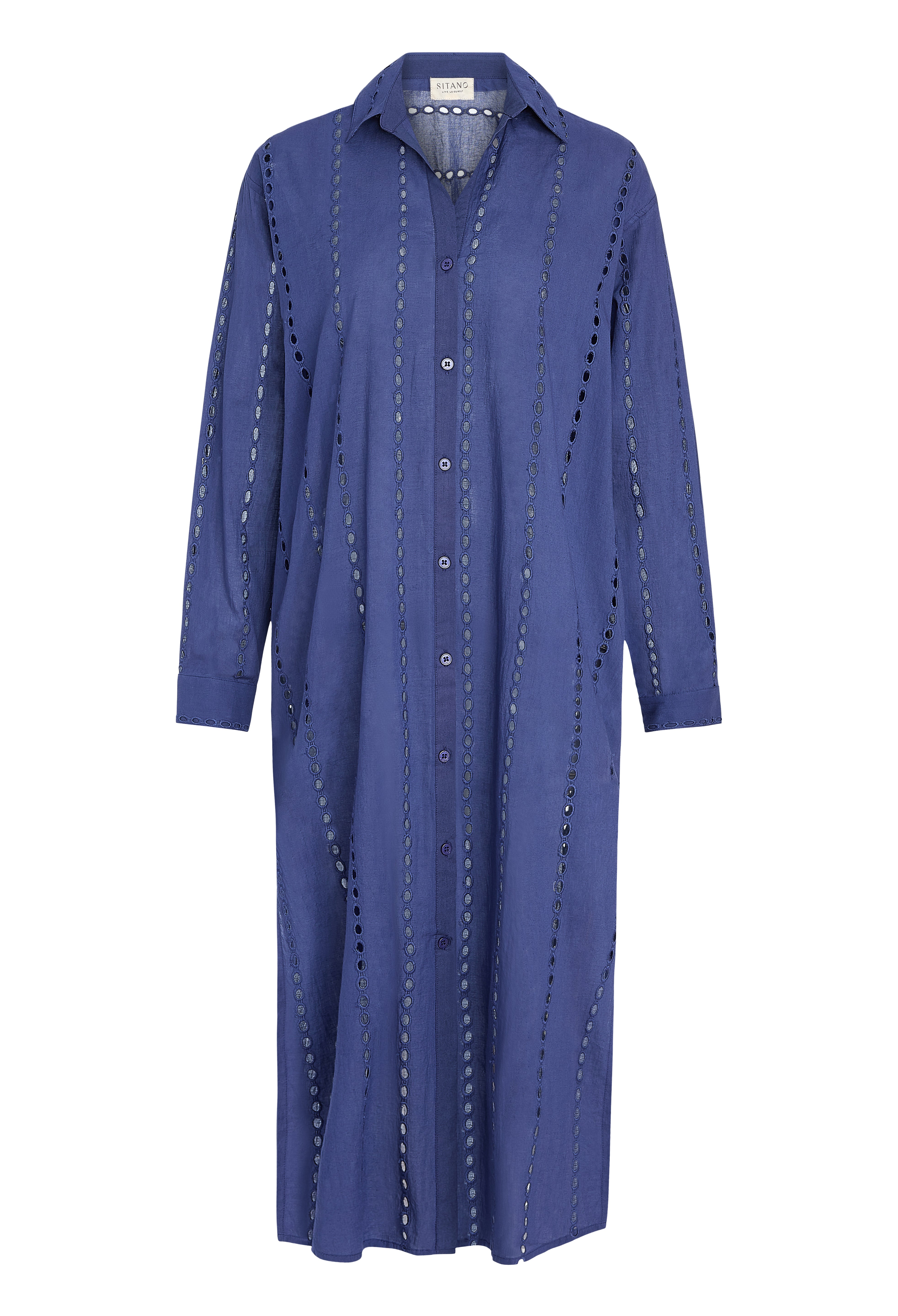 navy blue maxi shirt dress Linen Three Quarter Sleeve Maxi Shirt Dress - Navy
