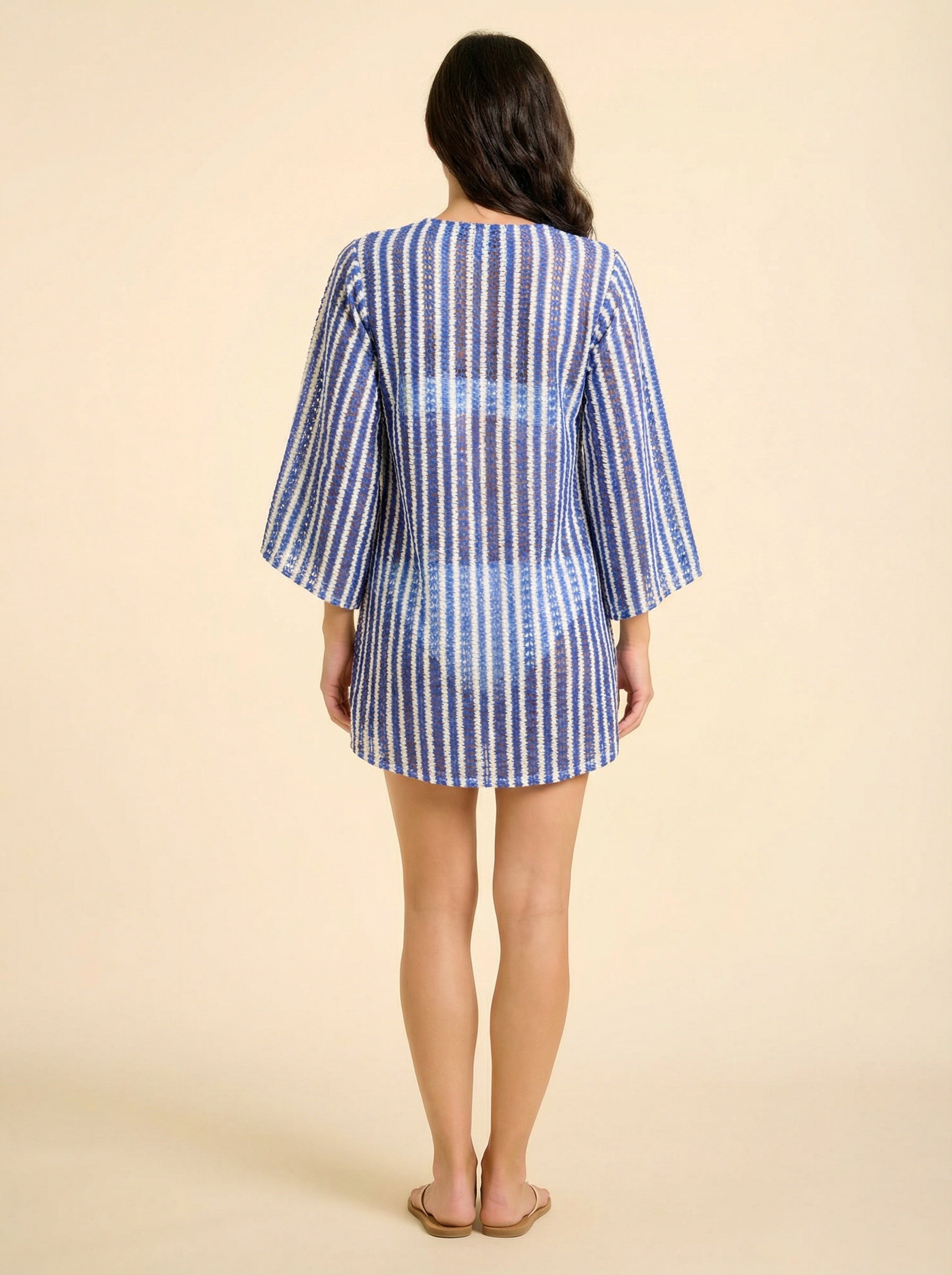 blue and white bell sleeve dress Sorrento Bell Sleeve Crochet Cover-up in Blue